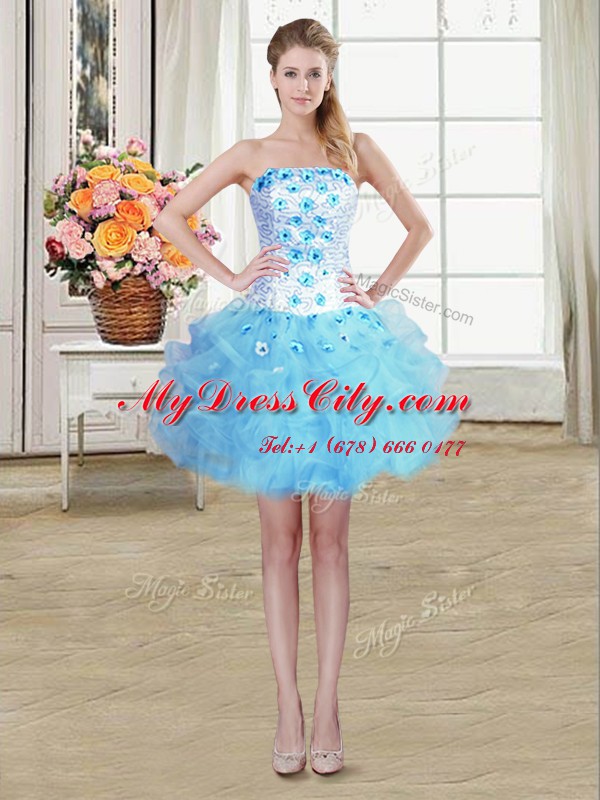 Baby Blue Strapless Lace Up Beading and Appliques and Ruffles Prom Gown Sleeveless