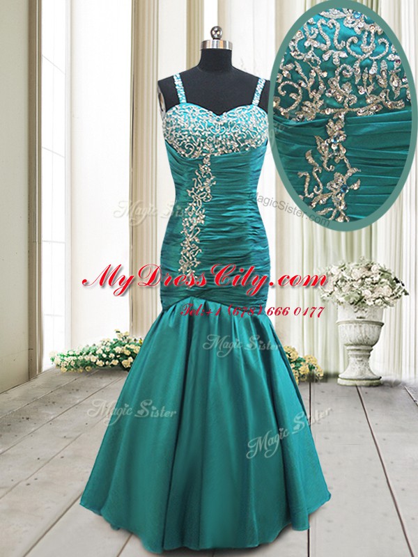 Beautiful Mermaid Straps Floor Length Teal Prom Dress Taffeta Sleeveless Beading and Ruching