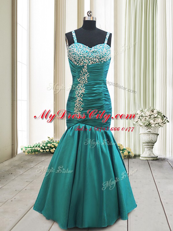 Beautiful Mermaid Straps Floor Length Teal Prom Dress Taffeta Sleeveless Beading and Ruching