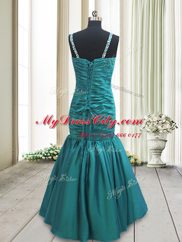 Beautiful Mermaid Straps Floor Length Teal Prom Dress Taffeta Sleeveless Beading and Ruching