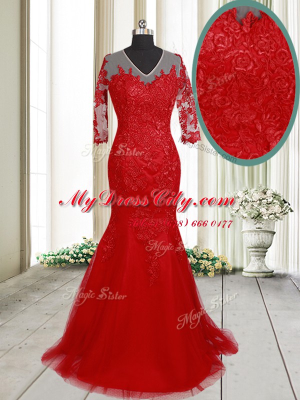 Brush Train Mermaid Prom Party Dress Red V-neck Tulle Half Sleeves With Train Clasp Handle