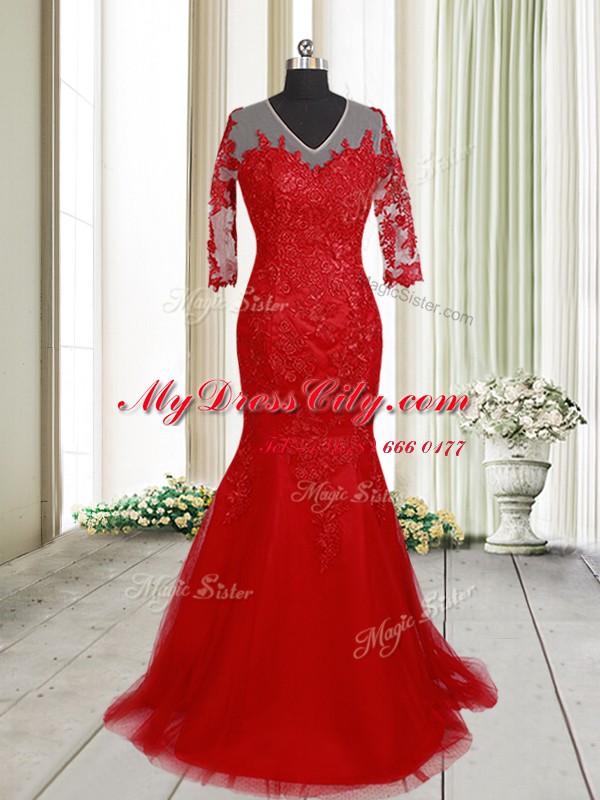 Brush Train Mermaid Prom Party Dress Red V-neck Tulle Half Sleeves With Train Clasp Handle