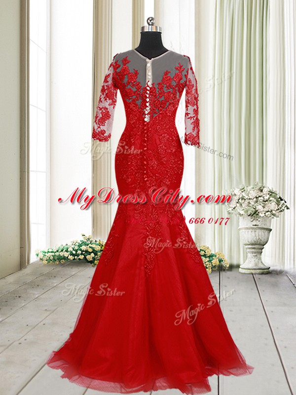 Brush Train Mermaid Prom Party Dress Red V-neck Tulle Half Sleeves With Train Clasp Handle