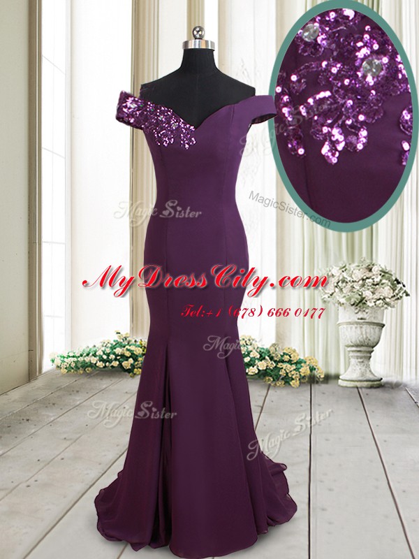 Spectacular Mermaid Off the Shoulder Beading and Sequins Dark Purple Zipper Sleeveless Brush Train