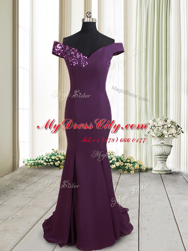 Spectacular Mermaid Off the Shoulder Beading and Sequins Dark Purple Zipper Sleeveless Brush Train