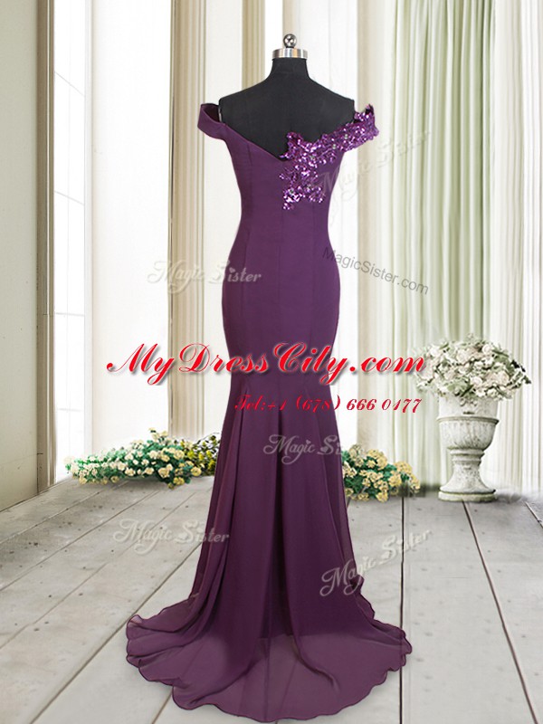 Spectacular Mermaid Off the Shoulder Beading and Sequins Dark Purple Zipper Sleeveless Brush Train