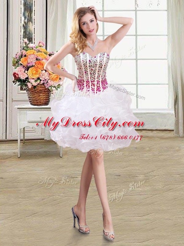 Latest White Lace Up Prom Dress Beading and Ruffles Sleeveless Mini Length