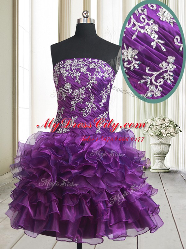 Purple Organza Lace Up Strapless Sleeveless Mini Length Prom Dress Beading and Ruffled Layers