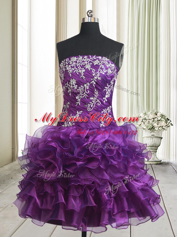 Purple Organza Lace Up Strapless Sleeveless Mini Length Prom Dress Beading and Ruffled Layers