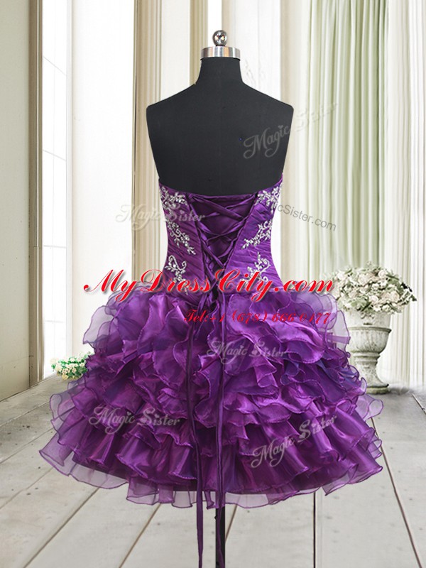 Purple Organza Lace Up Strapless Sleeveless Mini Length Prom Dress Beading and Ruffled Layers