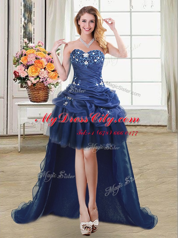 Charming Navy Blue Sweetheart Neckline Beading and Appliques and Pick Ups Prom Dress Sleeveless Lace Up