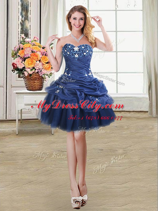 Navy Blue Ball Gowns Beading and Appliques and Pick Ups Evening Dress Lace Up Organza Sleeveless Mini Length