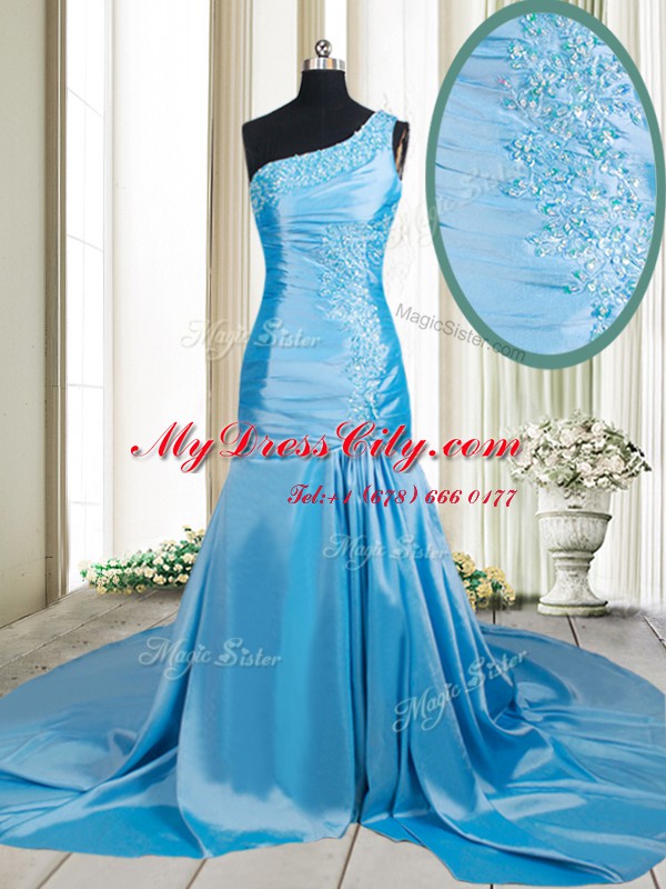 Customized Mermaid One Shoulder Sleeveless Elastic Woven Satin Evening Dress Beading and Appliques Brush Train Zipper