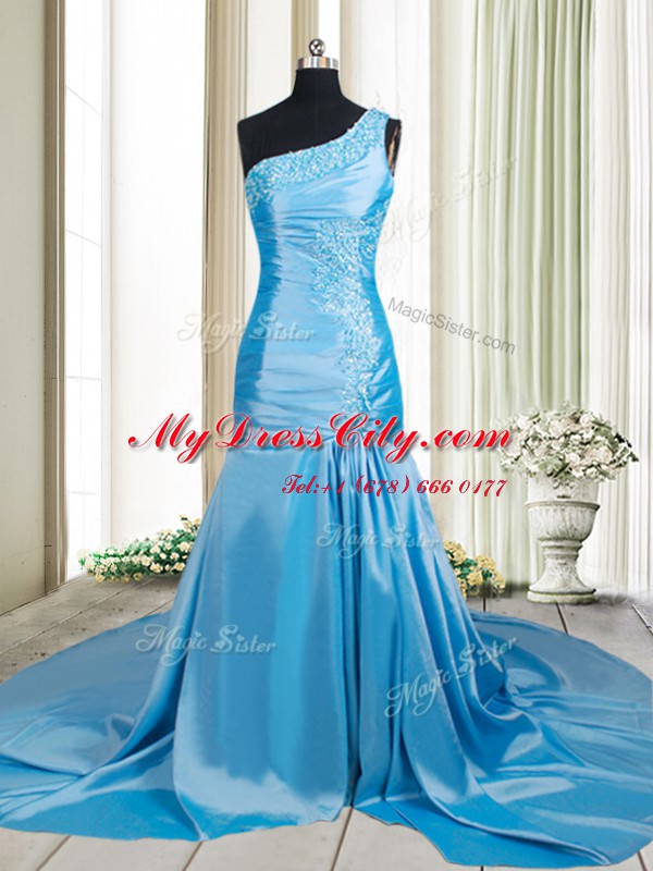 Customized Mermaid One Shoulder Sleeveless Elastic Woven Satin Evening Dress Beading and Appliques Brush Train Zipper