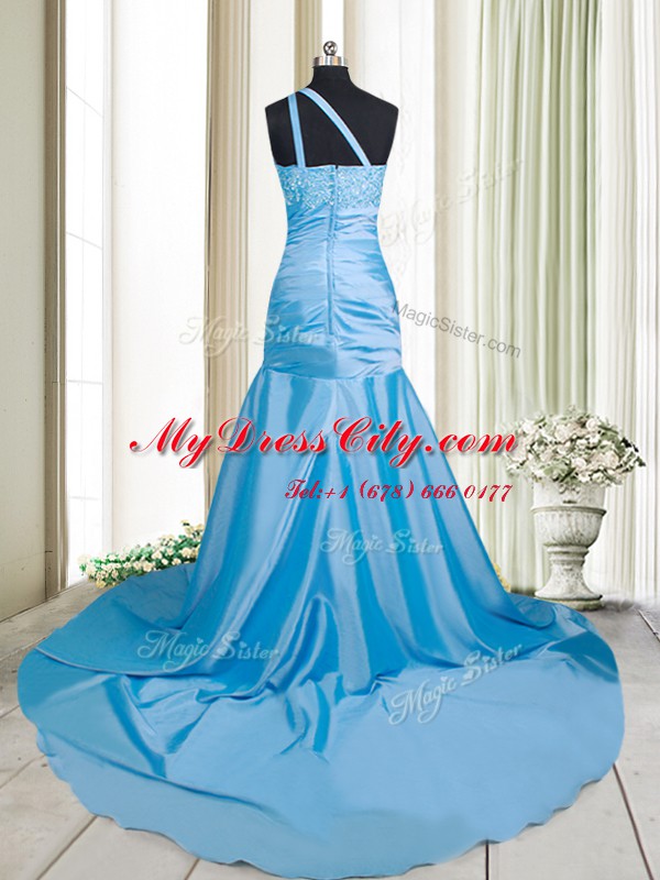 Customized Mermaid One Shoulder Sleeveless Elastic Woven Satin Evening Dress Beading and Appliques Brush Train Zipper