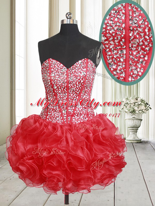 Red A-line Beading and Ruffles Prom Evening Gown Lace Up Organza Sleeveless Mini Length