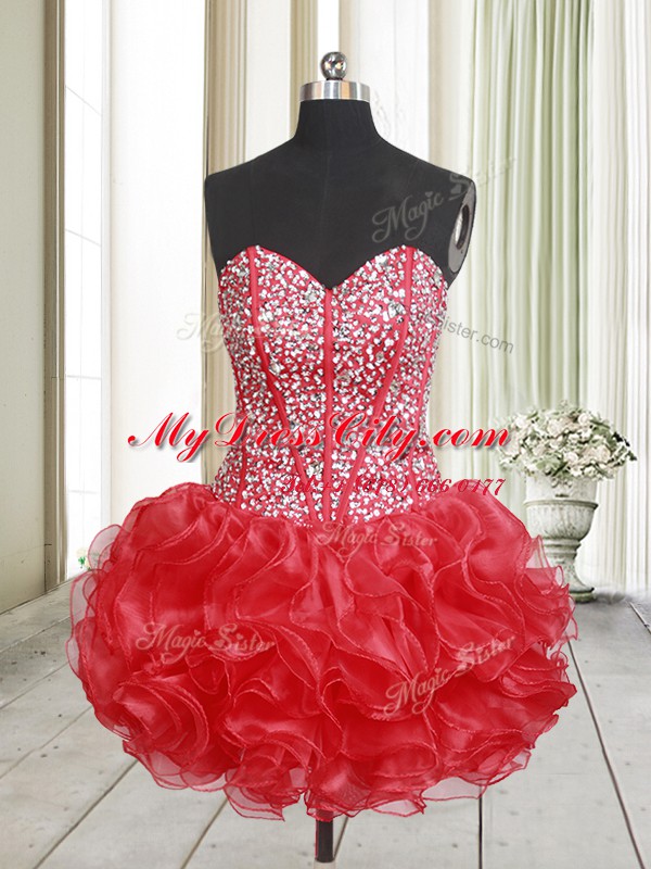 Red A-line Beading and Ruffles Prom Evening Gown Lace Up Organza Sleeveless Mini Length