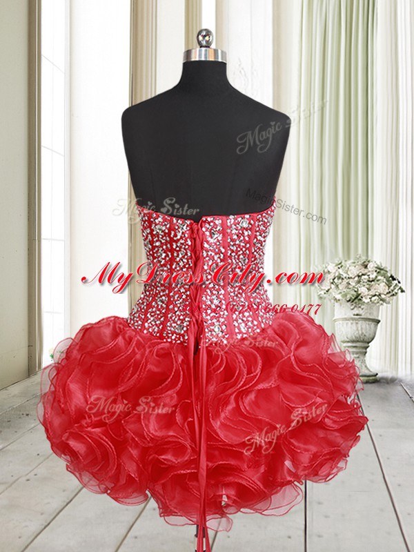 Red A-line Beading and Ruffles Prom Evening Gown Lace Up Organza Sleeveless Mini Length