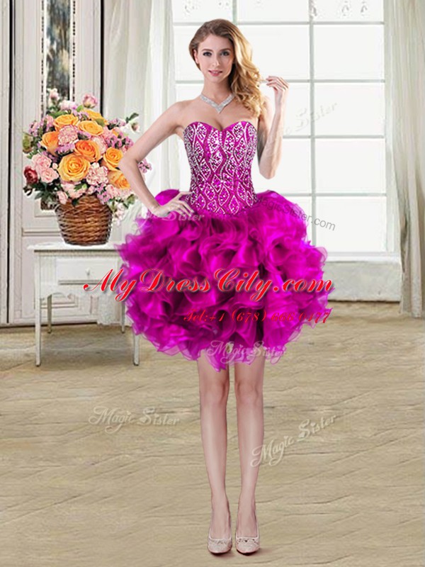 Romantic Beading and Ruffles Evening Dress Fuchsia Lace Up Sleeveless Mini Length