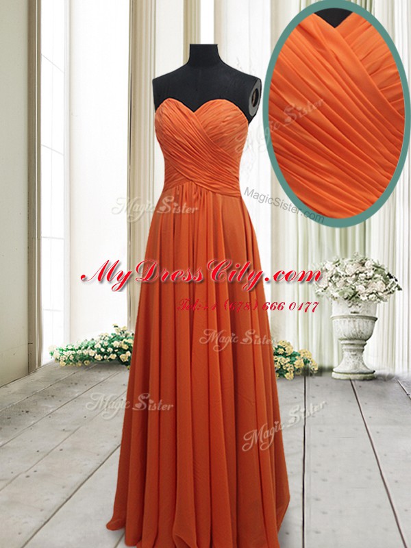 Orange Red Sleeveless Ruching Floor Length Evening Dress