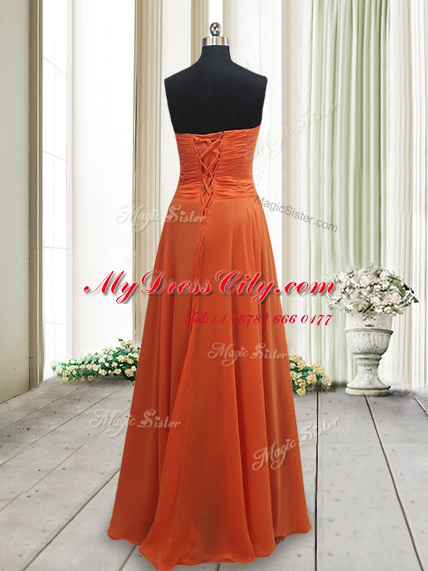 Orange Red Sleeveless Ruching Floor Length Evening Dress