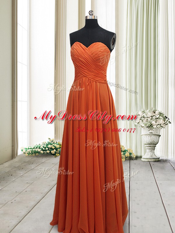 Orange Red Sleeveless Ruching Floor Length Evening Dress