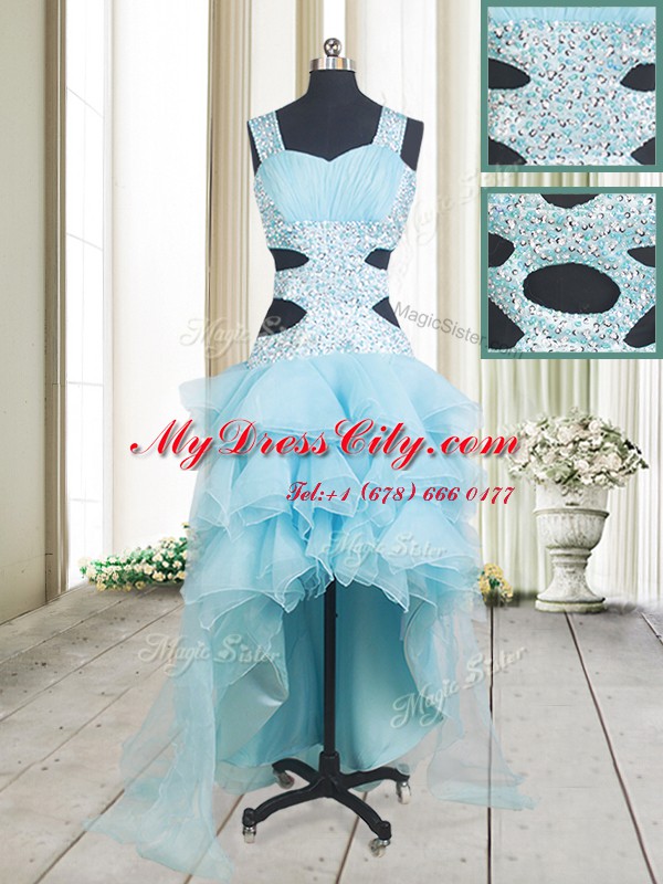 Aqua Blue Organza Criss Cross Straps Sleeveless High Low Celebrity Prom Dress Beading and Ruffled Layers