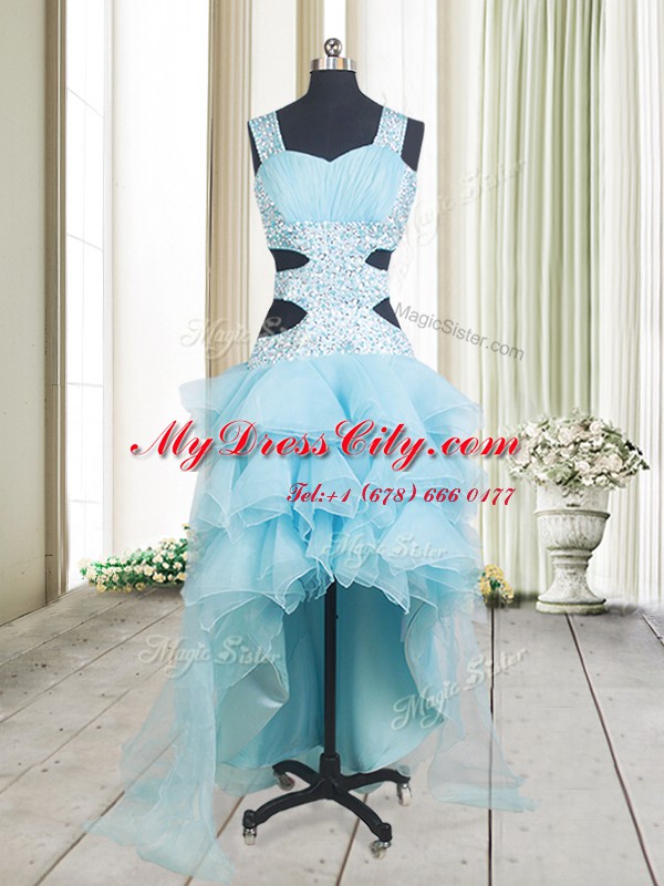 Aqua Blue Organza Criss Cross Straps Sleeveless High Low Celebrity Prom Dress Beading and Ruffled Layers