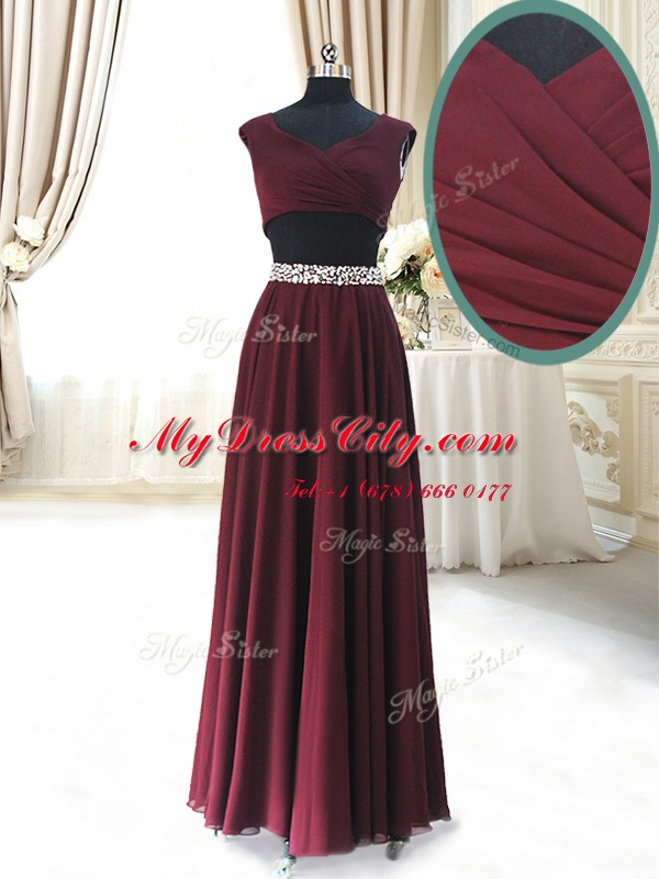 Fabulous Beading and Belt Homecoming Dress Burgundy Zipper Cap Sleeves Ankle Length