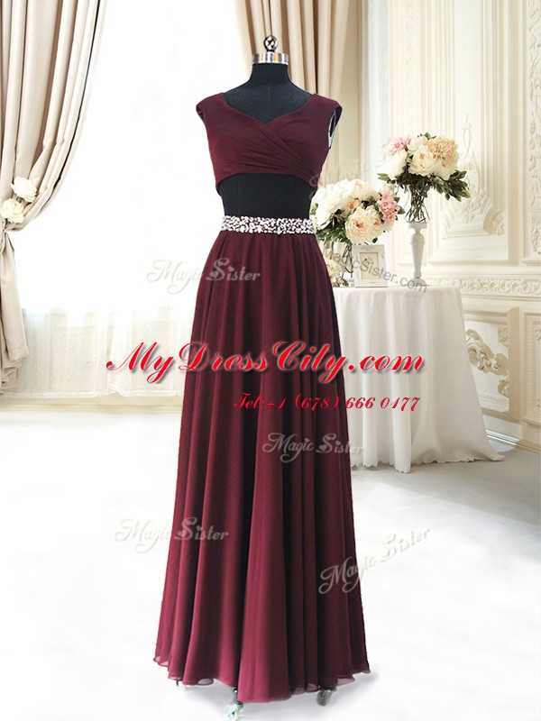 Fabulous Beading and Belt Homecoming Dress Burgundy Zipper Cap Sleeves Ankle Length