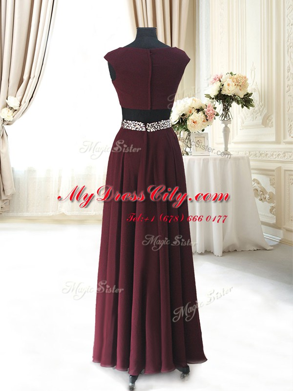 Fabulous Beading and Belt Homecoming Dress Burgundy Zipper Cap Sleeves Ankle Length