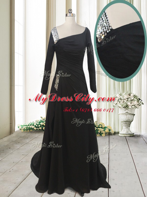 Fashion Black Chiffon Side Zipper Asymmetric Long Sleeves With Train Dress for Prom Sweep Train Beading