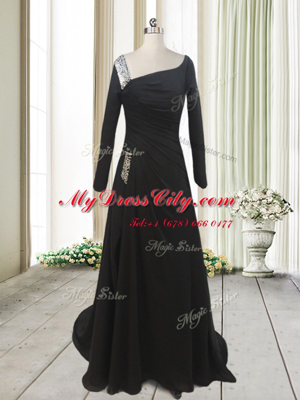 Fashion Black Chiffon Side Zipper Asymmetric Long Sleeves With Train Dress for Prom Sweep Train Beading