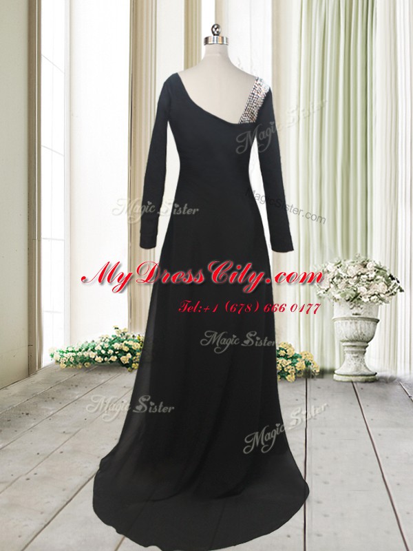 Fashion Black Chiffon Side Zipper Asymmetric Long Sleeves With Train Dress for Prom Sweep Train Beading