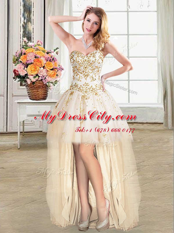 High Low Champagne Evening Dress Sweetheart Sleeveless Lace Up