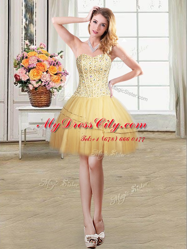 Mini Length Gold Casual Dresses Tulle Sleeveless Beading and Sequins