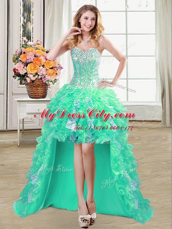 Sweetheart Sleeveless Prom Gown High Low Ruffles and Sequins Turquoise Organza