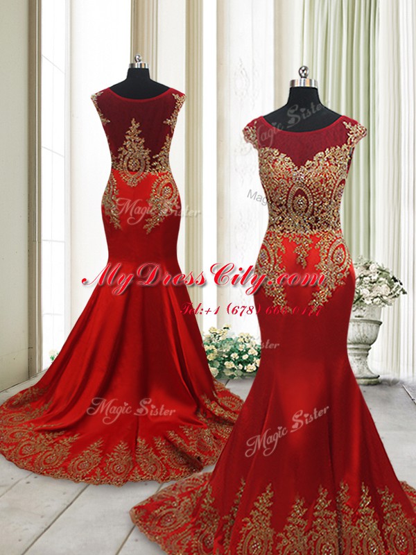 Mermaid Wine Red Scoop Neckline Appliques Prom Dress Cap Sleeves Side Zipper