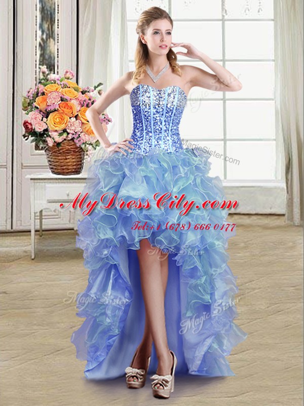 High Low Blue Dress for Prom Organza Sleeveless Sequins