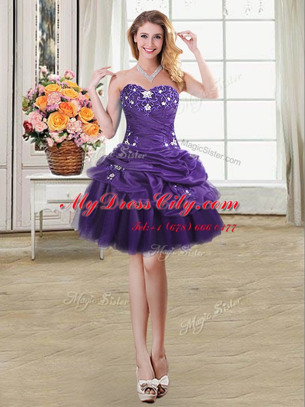 Purple Sleeveless Beading and Appliques and Pick Ups Mini Length