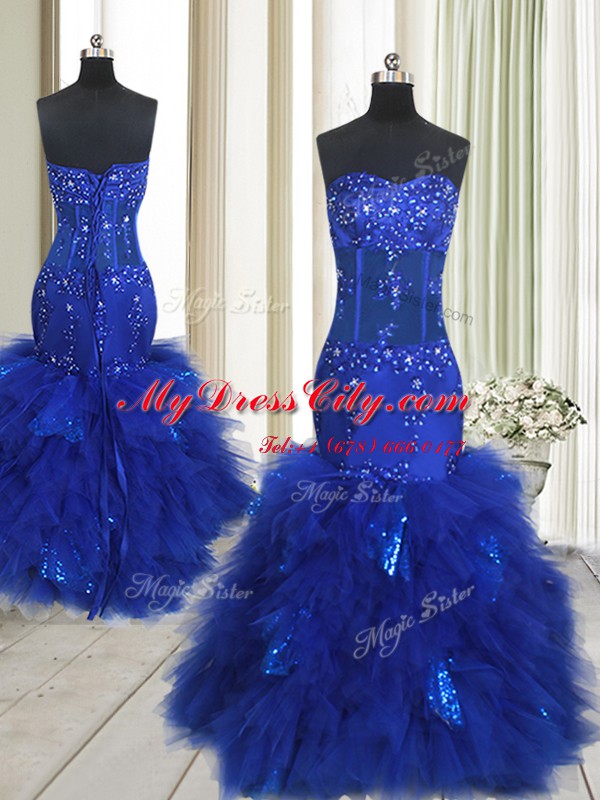 Captivating Mermaid Royal Blue Sweetheart Neckline Beading and Ruffles Dress for Prom Sleeveless Lace Up