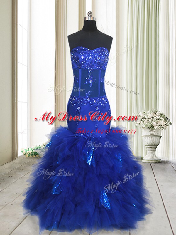 Captivating Mermaid Royal Blue Sweetheart Neckline Beading and Ruffles Dress for Prom Sleeveless Lace Up