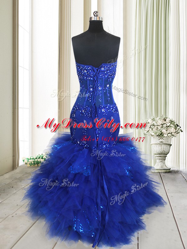 Captivating Mermaid Royal Blue Sweetheart Neckline Beading and Ruffles Dress for Prom Sleeveless Lace Up