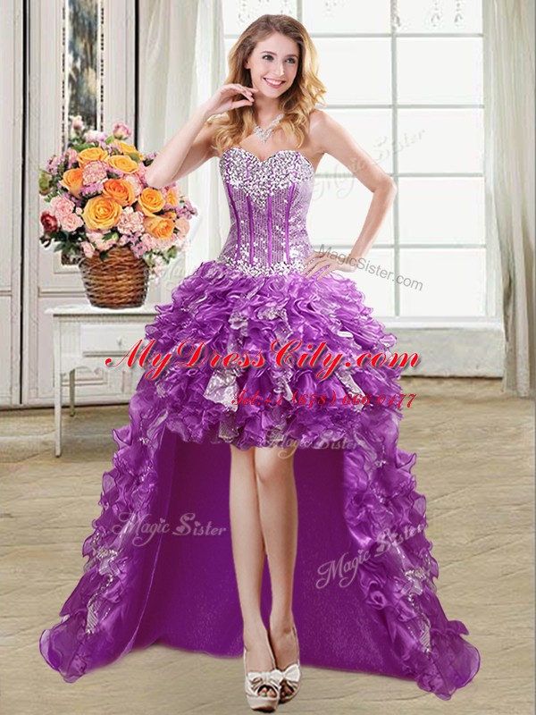 Perfect Sleeveless Ruffles and Sequins Lace Up Prom Evening Gown