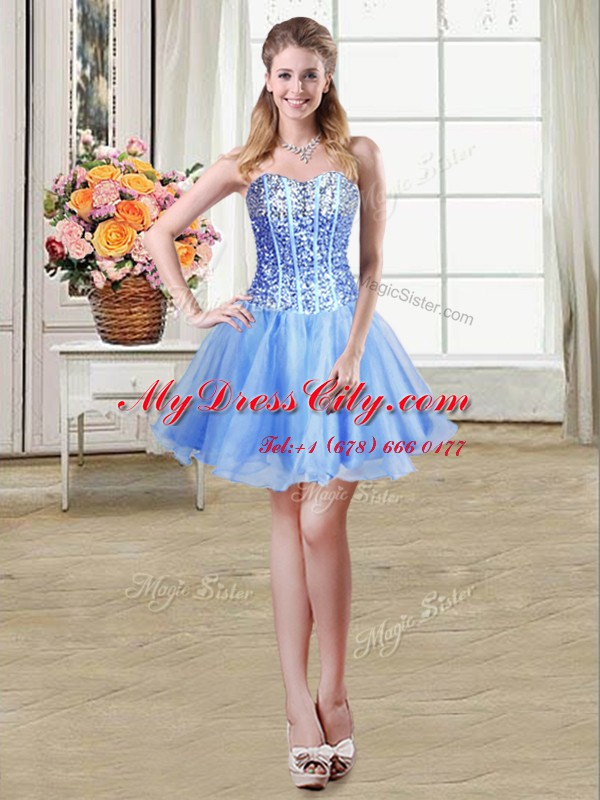 Blue Lace Up Homecoming Dress Sequins Sleeveless Mini Length