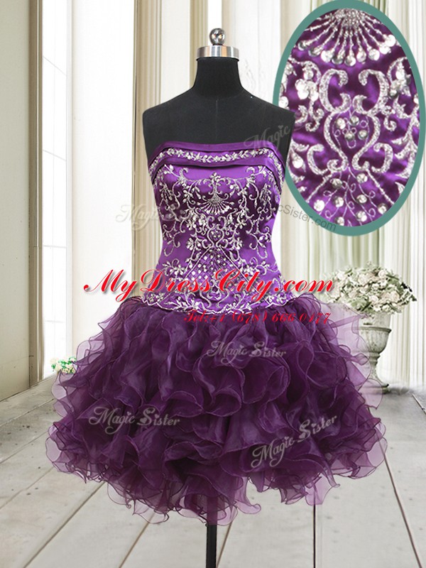 Dramatic Dark Purple Organza Lace Up Strapless Sleeveless Mini Length Party Dress for Girls Beading and Ruffles