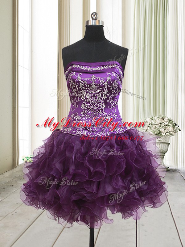 Dramatic Dark Purple Organza Lace Up Strapless Sleeveless Mini Length Party Dress for Girls Beading and Ruffles