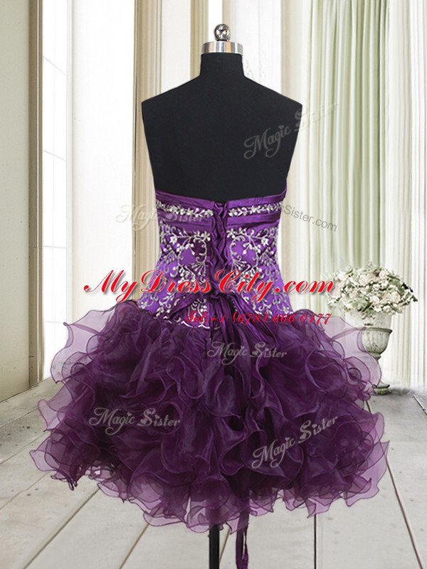 Dramatic Dark Purple Organza Lace Up Strapless Sleeveless Mini Length Party Dress for Girls Beading and Ruffles