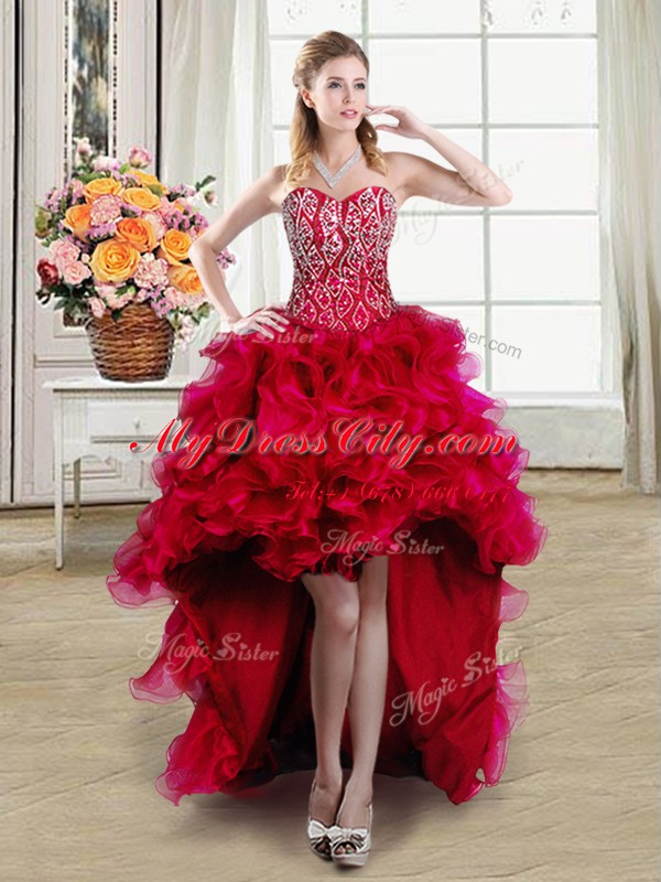 Spectacular Red Organza Lace Up Sweetheart Sleeveless High Low Prom Evening Gown Beading and Ruffles