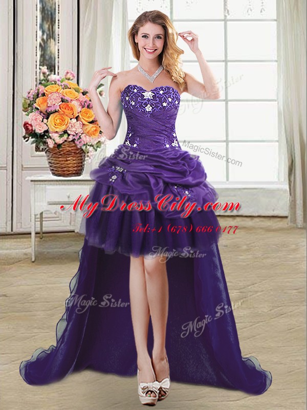 Unique Sleeveless Lace Up High Low Beading and Appliques and Pick Ups Prom Evening Gown